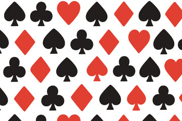 Colorful pattern of playing card symbols in black and red on a white background