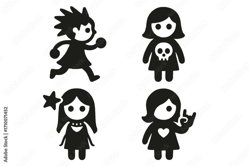 Poster four playful black silhouette characters showcasing unique styles and expressions on a simple backgr