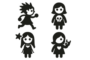 Four playful black silhouette characters showcasing unique styles and expressions on a simple background