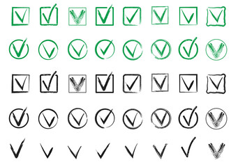 Green and Black Check Mark Icons, Icons Collection, Green and Black, Symbol, Isolated, Icons Drawn with Different Brushes, Set, Yes