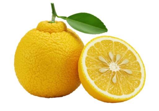 Vibrant yellow yuzu lemon, whole and halved, bumpy rind, juicy pulp, green stem, glossy leaf, on transparent background with copy space, soft shadows, natural freshness concept