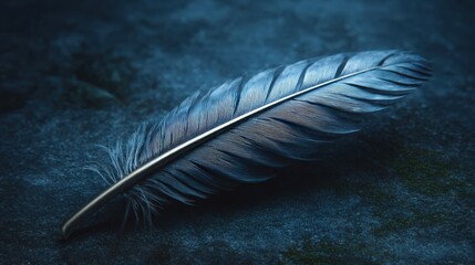 A delicate silver feather lies gracefully on a textured dark surface, capturing a serene and mystical atmosphere.