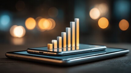 Visual representation of data growth on smartphones in a modern workspace setting at night