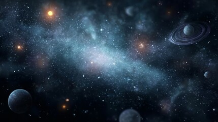 A cosmic scene featuring a nebula, stars, planets, and a ringed planet in deep space