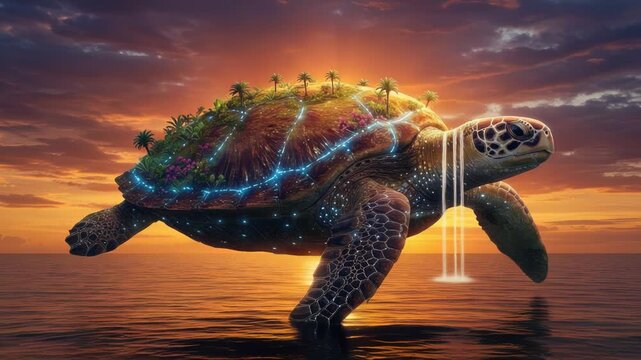 Surreal Giant Turtle Floating Over Ocean at Sunset Fantasy Landscape