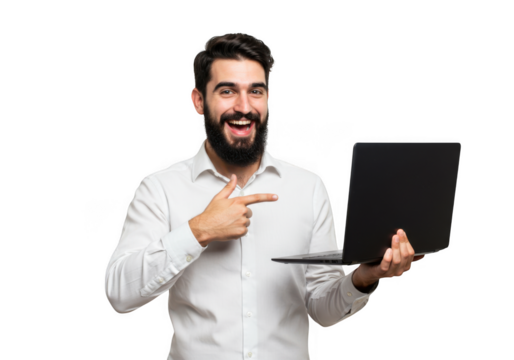 Bearded man in white shirt points to black square with joyful expression transparent background