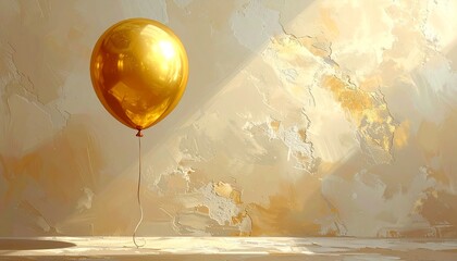 Single golden balloon floats in a clean room, a minimalist and elegant image for celebration, success, and positive themes.

