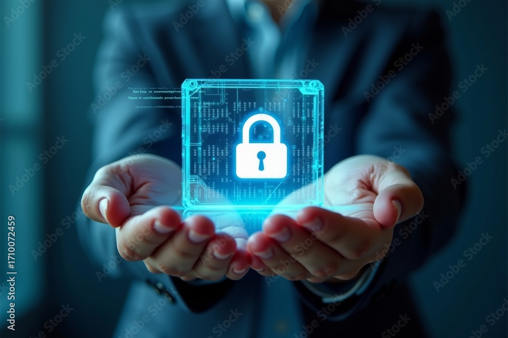 Poster visualizing data security: person holding transparent block with glowing lock icon, a futuristic pho