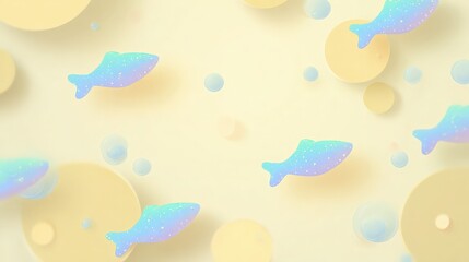 Colorful abstract design featuring playful fish and bubbles on a soft pastel background.