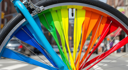 Obraz premium Bright Colorful Rainbow Bicycle Wheel with Unique Fin Spokes on Urban Street Background