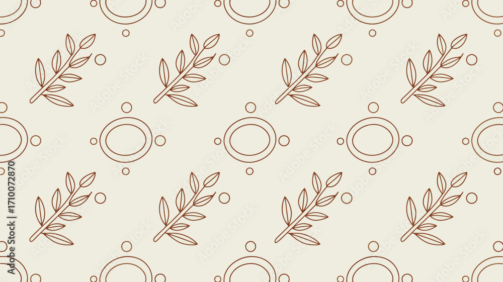Poster seamless pattern with branches leaves circles and oval shapes in brown on a beige background design
