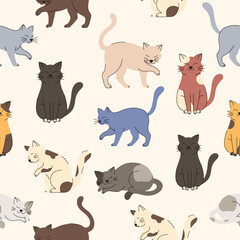 Seamless pattern with cute cartoon cats in various poses and colors. Adorable feline illustrations for backgrounds and textiles.