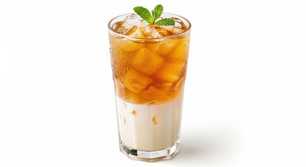 Fototapeta premium Refreshing iced tea with milk and ice cubes garnished with fresh mint leaves in a tall glass
