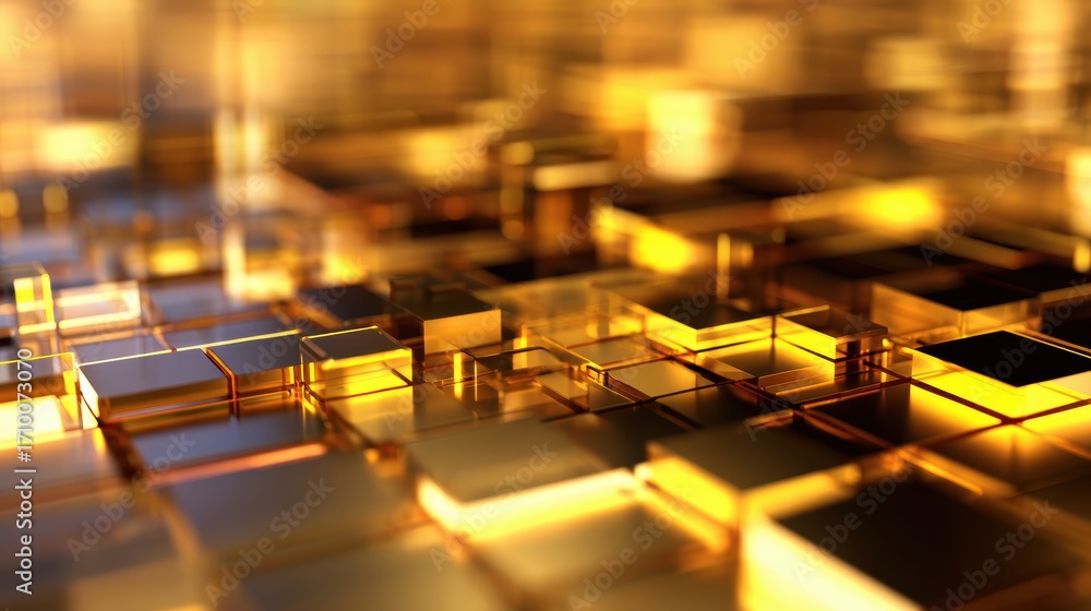 Poster abstract golden geometric shapes creating a shimmering landscape with reflections in a digital envir