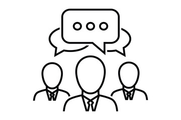 Three people with chat bubbles outline icon symbolizing discussion and communication