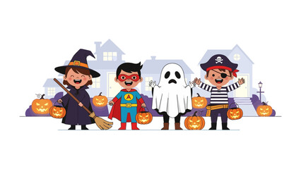 Trick-or-Treat Delight: A group of costumed kids, dressed as a witch, superhero, ghost, and pirate, gleefully parade through a Halloween night, the air filled with laughter.