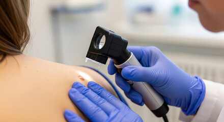 Doctor examining mole with dermatoscope in hospital, close-up