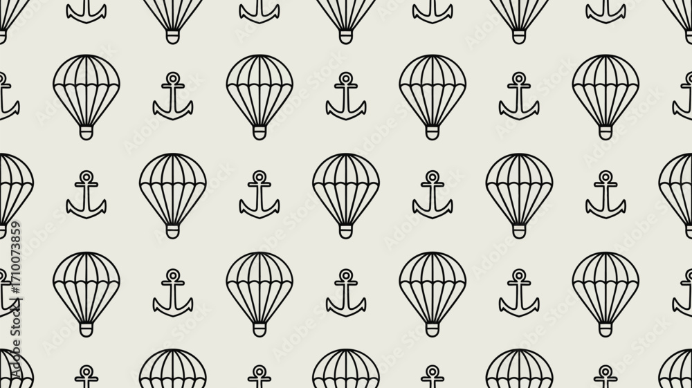 Poster repeated pattern of black outline parachutes and anchors on a light background seamless design art 1