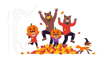 Autumn Fantasy: Playful figures wearing pumpkin heads and beast masks frolic amidst a vibrant pile of fallen leaves, an enchanting illustration that captures the spirit of Halloween.