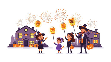 Halloween Fun: A family dressed in costumes and holding lanterns. They are enjoying the holiday with their friends and neighbors in a vibrant illustration. 