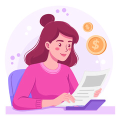 Personal Finance Planning. Woman with Calculator Vector Illustration