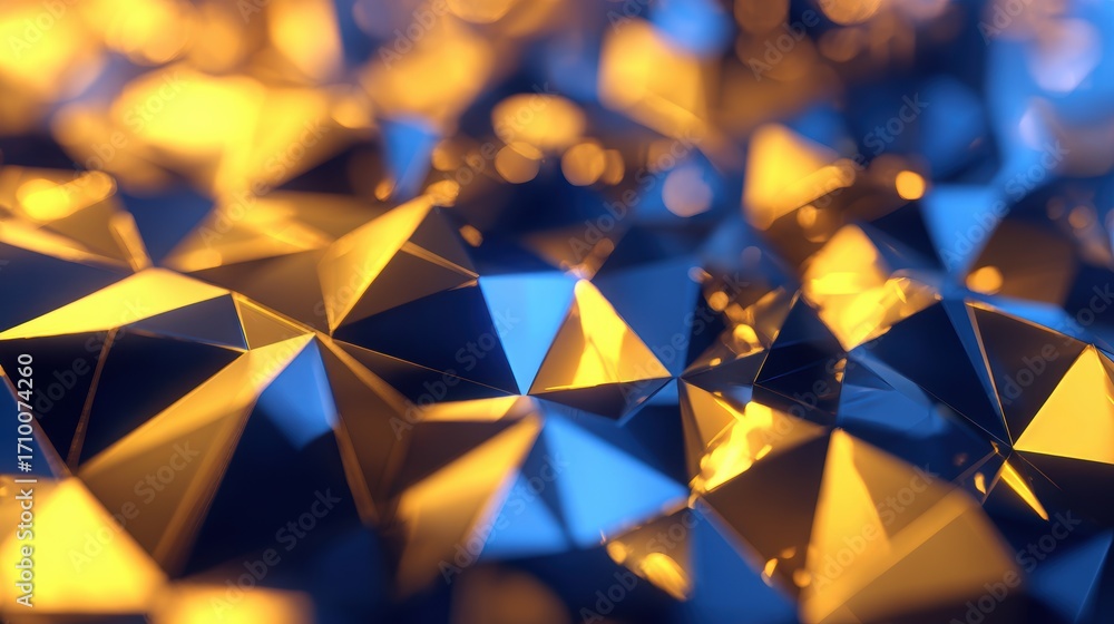 Poster abstract close-up of reflective geometric shapes in vibrant blue and gold hues creating a dynamic vi