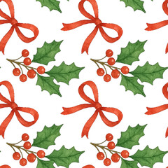 New Year Watercolor seamless pattern, Christmas tree, viburnum, toy, ribbon, delicate hand painted style, cute and decorative, vector, seamless repeat