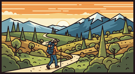 Mountain hiking shows adventurous person with backpack on trail heading toward snow capped mountains. Mountain hiking is great activity for people of all ages who are in reasonably good shape.