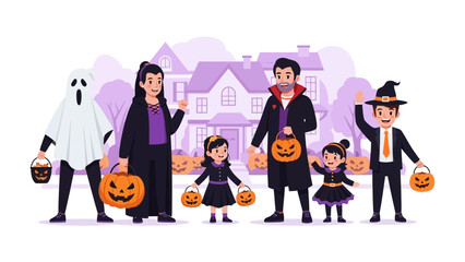 Halloween Fun: A family is dressed up in Halloween costumes stands in front of a house. The image shows people celebrating a spooky holiday. © Murshida