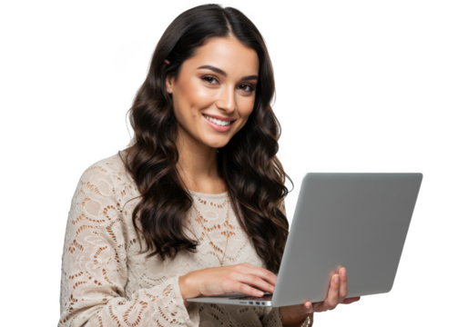 Smiling woman holding laptop computer and working remotely in modern studio setup transparent background