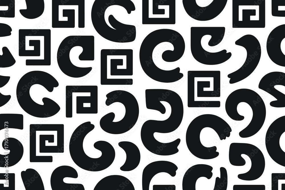Poster black and white patterned design featuring geometric shapes and swirls on a smooth background