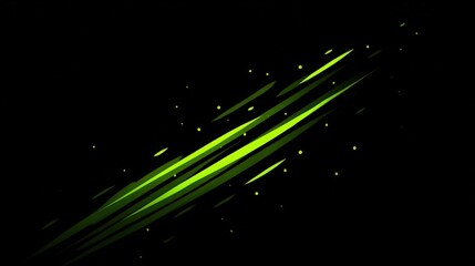 A vibrant green abstract design with dynamic lines and glowing particles on a black background.