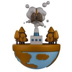 3D illustration of globe with factory chimney emitting smoke into the atmosphere, causing damage to the lungs and environment. Concept of medical and environmental awareness.