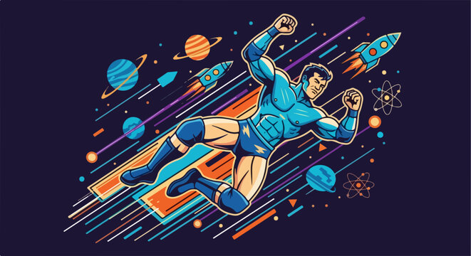 Superhero flying through space vector illustration with planets and rockets. Dynamic superhero action scene for comic book style graphics. Creative superhero concept for childrens book or game design.