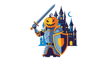 Pumpkin Knight: A formidable Pumpkin Knight stands ready, brandishing a sword with a shield in front of a mysterious castle, blending the festive spirit of Halloween with the allure of chivalry.