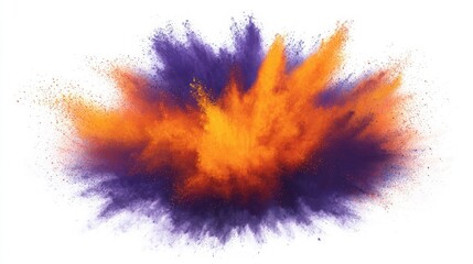 A vibrant explosion of purple and orange powder creating an energetic and dynamic visual display.