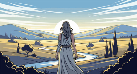 Woman looking at landscape at sunrise depicts a serene illustration of nature. Woman gazes toward setting sun over mountains, with a river meandering through pastoral fields.