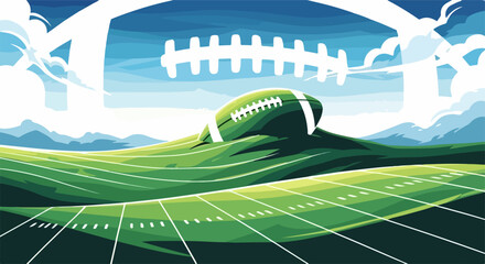 Digital painting of American football scene showcasing green hills and clear sky, highlighting field and ball. American football scene in nature invites to game and competition.