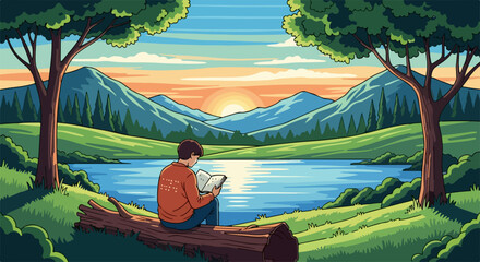Man reading book sitting on fallen tree trunk near lake with mountain scenery. Man reading book enjoying outdoor reading in nature, surrounded by tranquil water and lush greenery.
