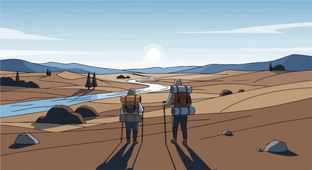 Two hikers in desert landscape, equipped with backpacks and trekking poles, explore arid scenery. Hikers traversing desert, surrounded by sunlit dunes and distant mountains, seek adventure.