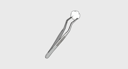 Surgical instrument illustration features a medical tool, specifically forceps, holding cotton ball against neutral backdrop. Medical tool and cotton ball create sterile environment.