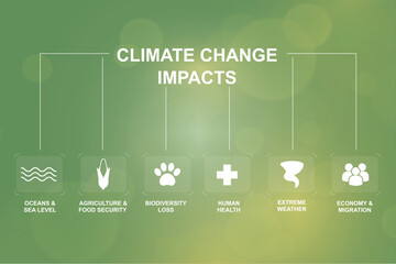 Climate Change Impacts. Green infographic showing six climate change impact categories with icons: oceans, agriculture, biodiversity, health, weather, economy. Global warming. Vector illustration