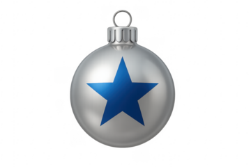 Silver christmas ball showing blue star on transparent background