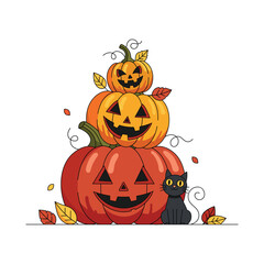 Spooky stack of carved halloween pumpkins with a black cat and autumn leaves vector