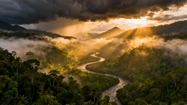 Sun rays over misty tropical rainforest with winding river
