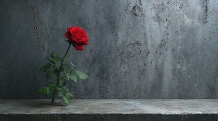 A vibrant red rose stands alone against a textured gray backdrop, showcasing its petals and green leaves.