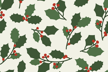 seamless pattern with holly berry branches with berries and leaves; christmas holiday background - vector illustration