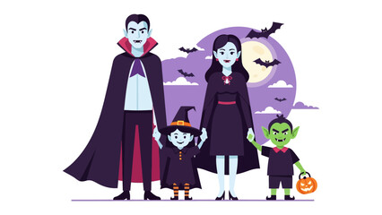 Spooky Family Portrait: This artwork captures a captivating depiction of a vampire family, ready for Halloween celebration against an ominous background.
