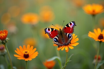 Vividly Colored Butterfly perched on Wildflowers in Close-up Photograph