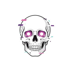 Stylized white skull illustration with glowing purple eyes and a digital glitch effect on a clean background.